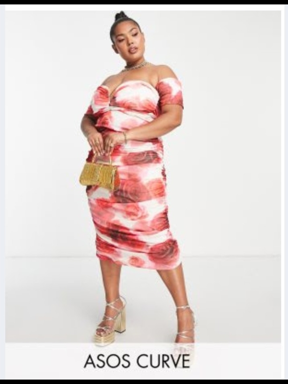 ASOS Curve Off-Shoulder Rose Print Midi Dress - Red & White